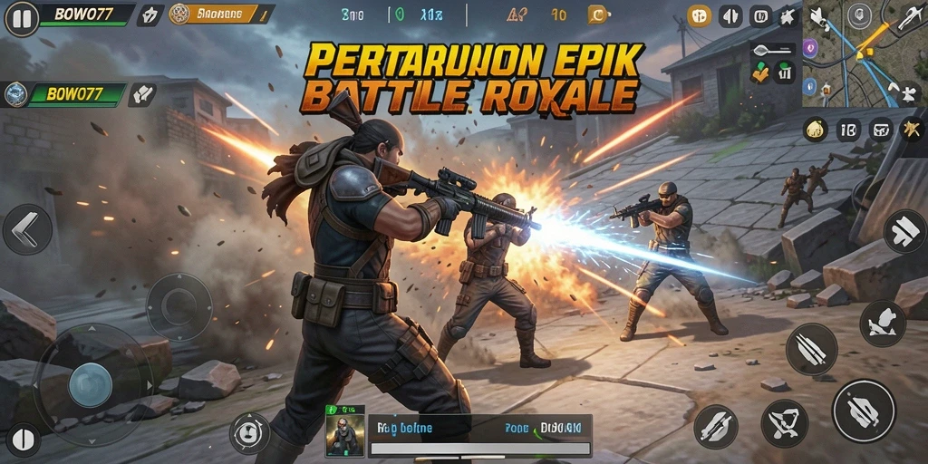 Screenshot gameplay BOWO77 menampilkan aksi seru di arena pertempuran.