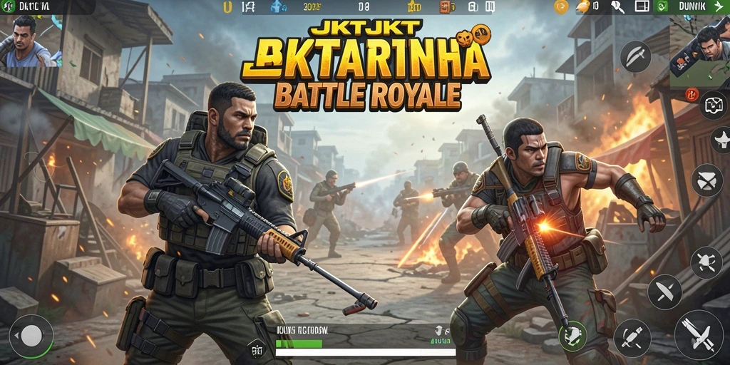 Screenshot gameplay JKTJKT yang menunjukkan pertempuran intens di arena.